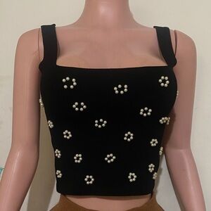 Elegant Black Pearl Embellished Crop Top
